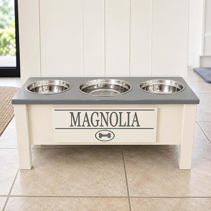 3 Bowl Dog Feeding Station, Personalized Triple Bowl Food Stand Large Dogs | Farmhouse Style, Elevated Wood Stand, Storage Container, Stainless Steel Bowls, Raised Feeder, Large Breed, Made in USA