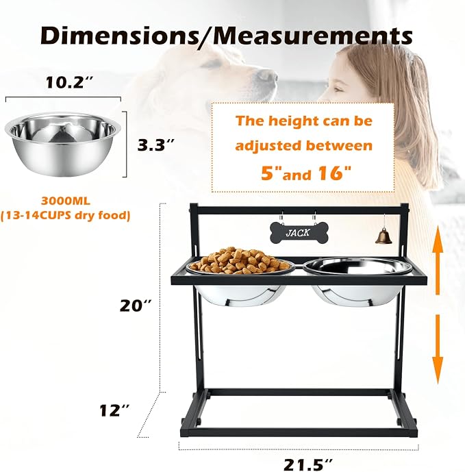 SHAINFUN Elevated Dog Feeder for Large Breeds, Adjustable Height Raised Dog Bowl Stand with 3000ML Stainless Steel Bowls