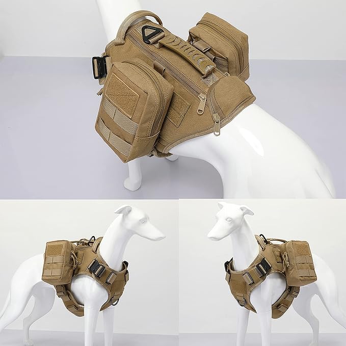 Tactical Dog Backpack Harness for Large Breed Original Design Metal Buckle Vest with Side Bags Pouches for Service Working Training (Khaki (with 2 Pouches), Medium)