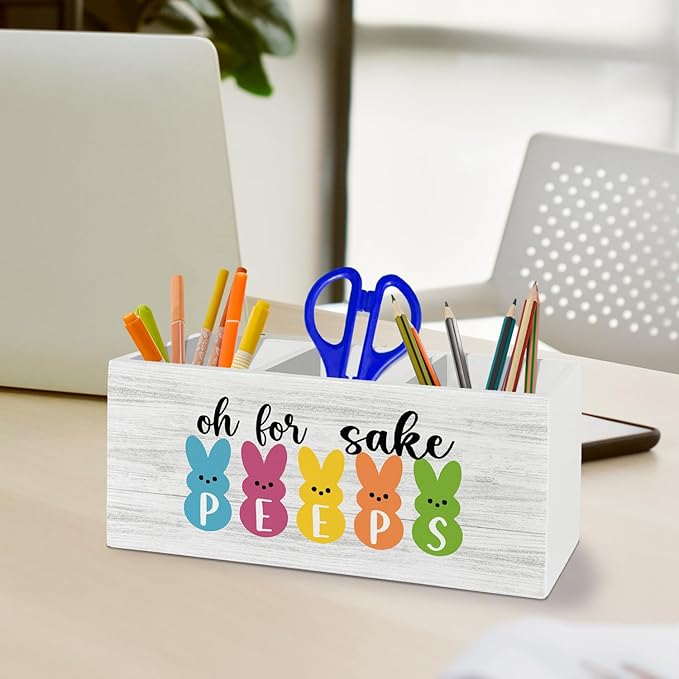 Easter Bunny Decor, Bunny Rabbit Gifts, Bunny Easter Gifts for Women, Funny Pen Pencil Holder Organizer for Desk Accessories, Wooden Box Sign Desk Decor for Home Office Decoration