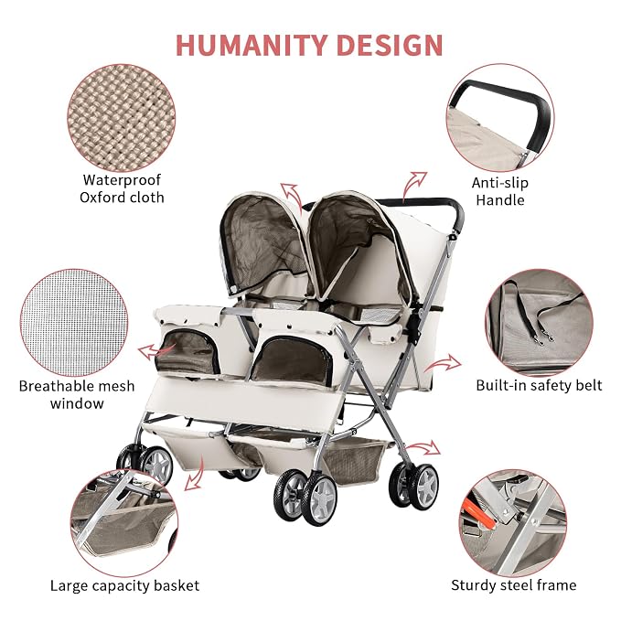 Double Pet Stroller for 2 Dogs & Cats, Side-by-Side, Gray | Foldable Two-Seater with Separate Cabins, 44 lb Capacity, Dual Baskets and Safety Tethers for Walks, Travel and Vet Visits