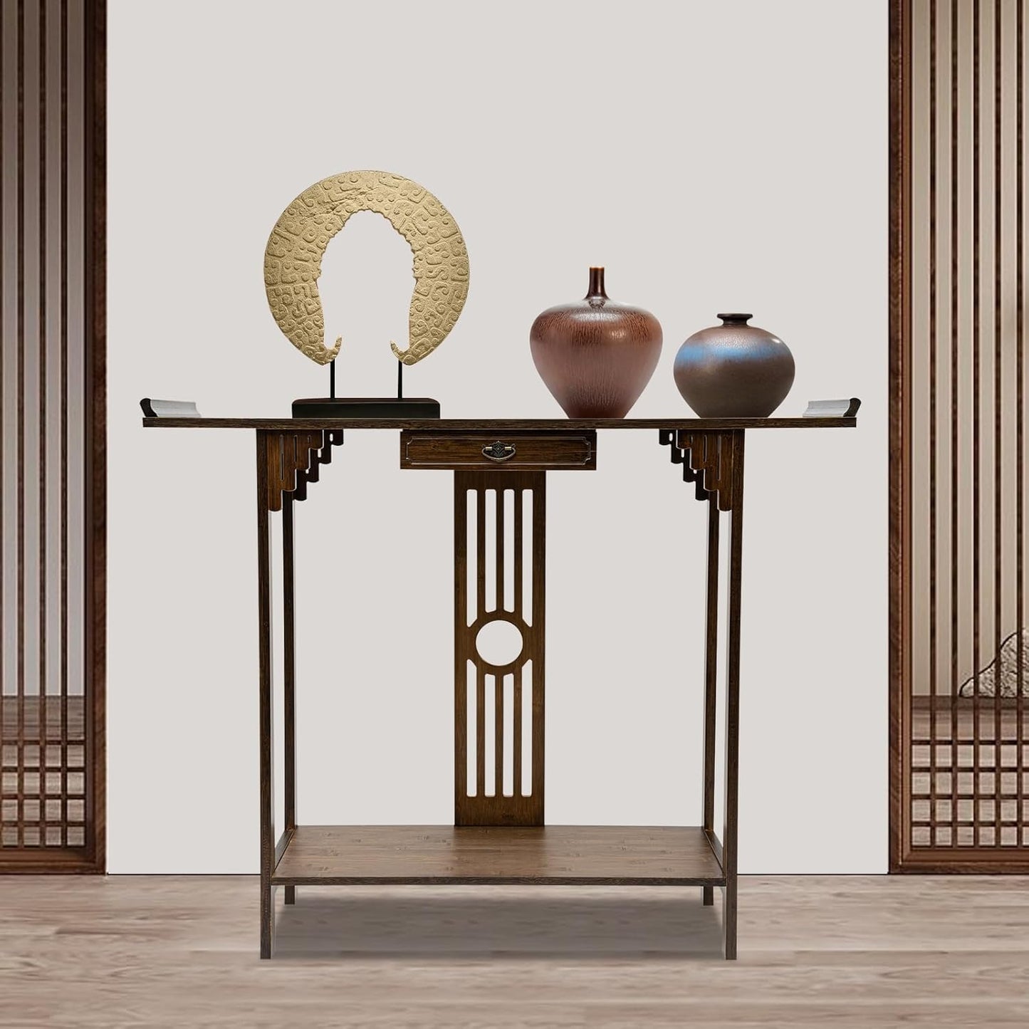 Console Table with Storage Shelves, 2 Tiers L 40.1” Narrow Sofa Table with Drawers, Bamboo Entryway Table for Small Spaces, Living Room Hallway Foyer Corridor Wood Entry Table