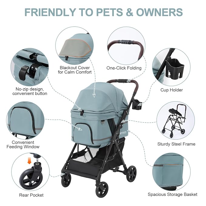 No-Zip Pet Stroller for Small Dogs & Cats, 44 lb, Light Blue | No-Zip Canopy, 44 lb Capacity, Reflective Trim, 2 Tethers, Lockable Front Wheels, Rear Brake and One-Hand Fold