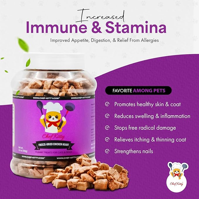 Chicken Hearts for Dogs | Cat Treats Freeze Dried, 100% Human Grade, Single Ingredient | High Protein Cat & Dog Food Toppers | No additives or Preservatives | Inspected & Tested in USA | 2.6 oz.