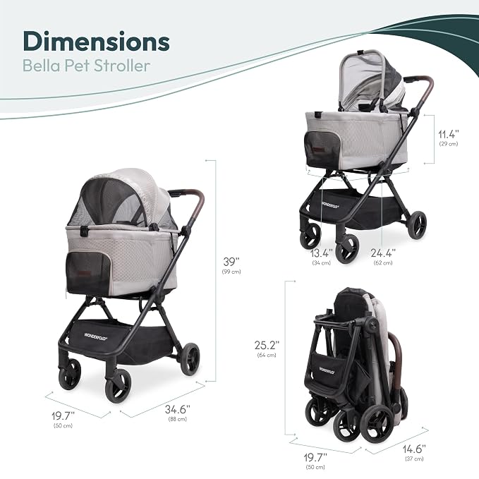 WonderFold Bella Pet Stroller for Small/Medium Pets - Autofold Technology: One-Hand Quick Fold - LIGHT GRAY