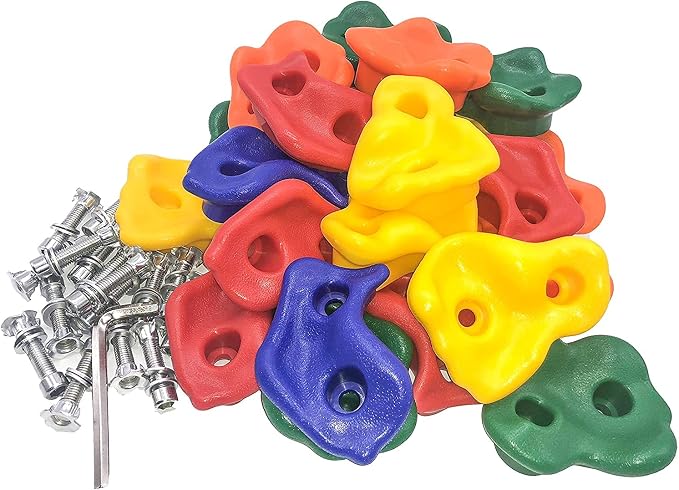 KINSPORY 20pc Rock Wall Climbing Holds for Kid, Play Set Climber Attachment | Colourful anti-slip pig nose rocks, two blue handles, complete mounting hardware for indoor outdoor playground building