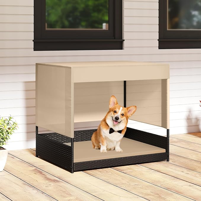 Tangkula Elevated Wicker Dog House for Small to Medium Breeds, Raised Rattan Pet Sofa Bed with Removable Cushion, Canopy Roof, Indoor & Outdoor Puppy Cat Shade Shelter for Patio, Yard, Garden