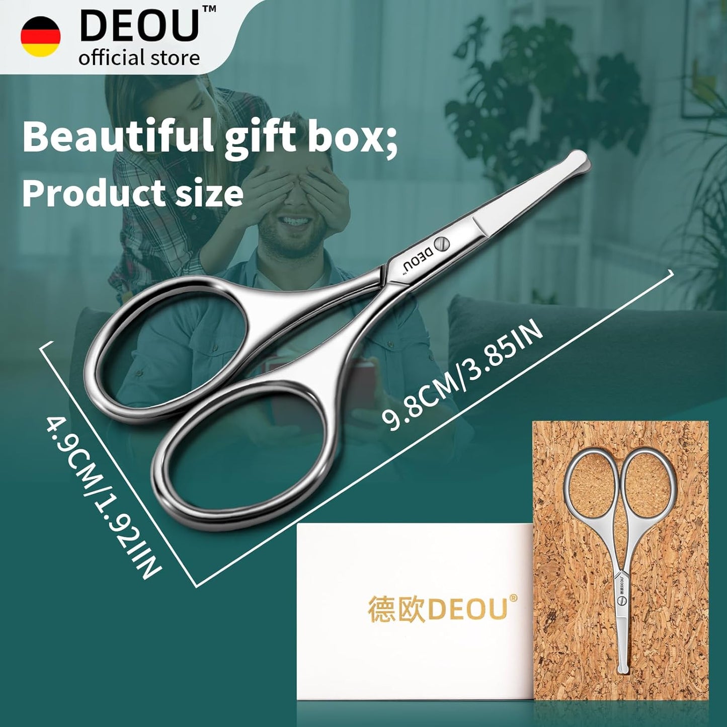 DEOU Silver Stainless Steel Round Nose Safety Scissors - Compact Facial Hair Trimming Tool for Men's Nose, Eyelashes, Eyebrows, Beard & Pet Grooming