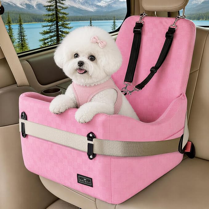PETSFIT Cat Car Seat with Patented Safety System, 5" Elevated Pad, Pink | Fully Detachable Washable Cover, Memory Foam Dog Booster Seat for Small/Medium Dogs Up to 35 Lbs with 2 Storage Pockets