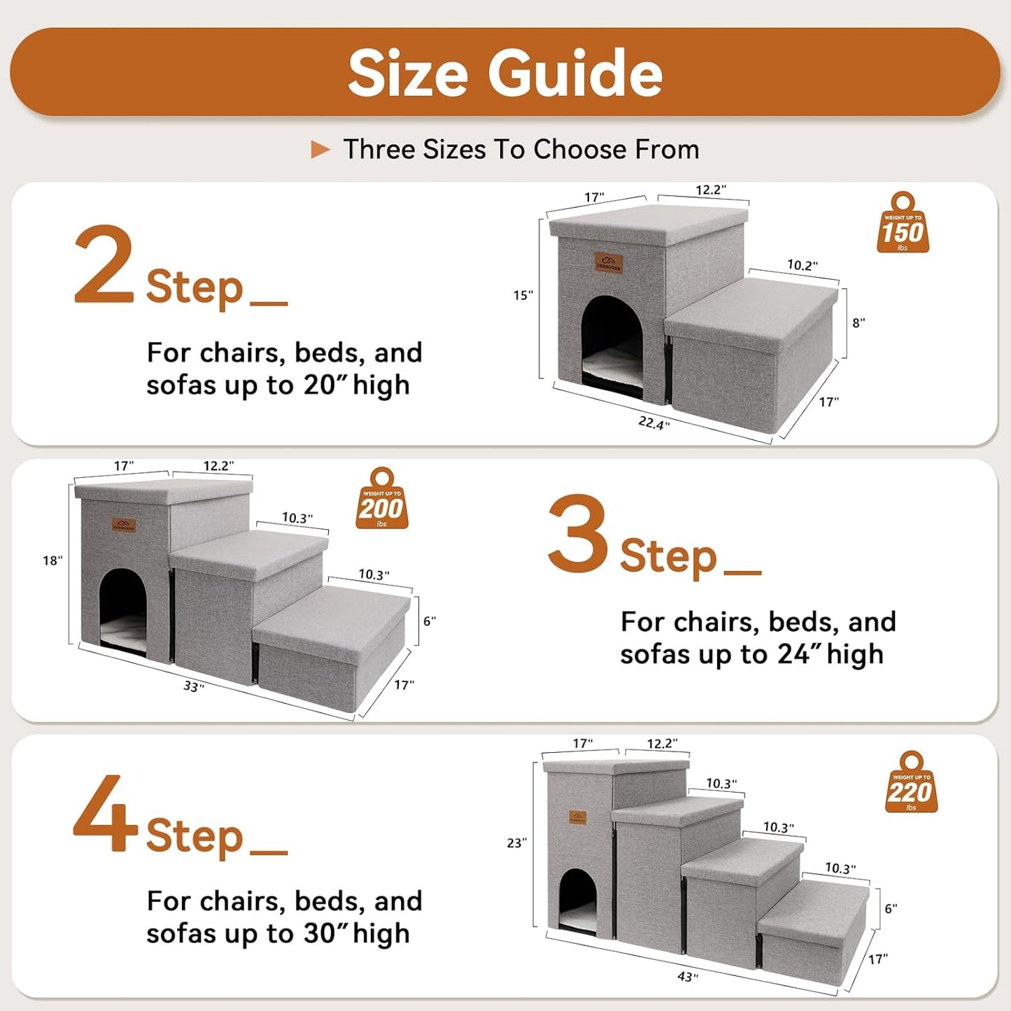 Dog Stairs 18" H, 3-Step Wider Dog Steps for High Beds Couch, Folding Storage Pet Stairs Gift for Small/Medium/Large Old Dogs Cats, Ramp for Climbing Car Up to 200 lbs, (Gray, with Condo)