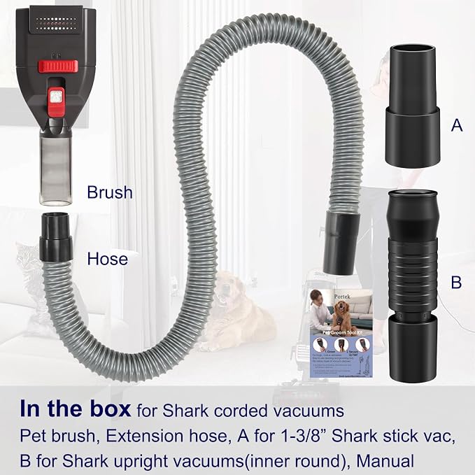 Portek Dog Brush Vacuum Attachment for Shark Navigator Lift Away NV360 Rotator NV501 Rocket HV301 HV322 Stratos AZ300, Pet Hair Shedding Grooming Tool Kit with Extension Hose Adapters