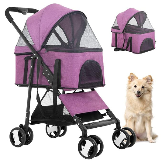 BestPet Pet Stroller Premium 3-in-1 Multifunction Dog Cat Jogger Stroller for Medium Small Dogs Cats with Folding Lightweight Travel & Detachable Carrier,Purple