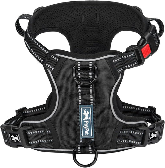 PoyPet No Pull Dog Harness, No Choke Front Clip Reflective Dog Vest with Soft Padded Vertical Handle, 3 Leash Attachments for Small Medium Large Dogs (Black,XL)