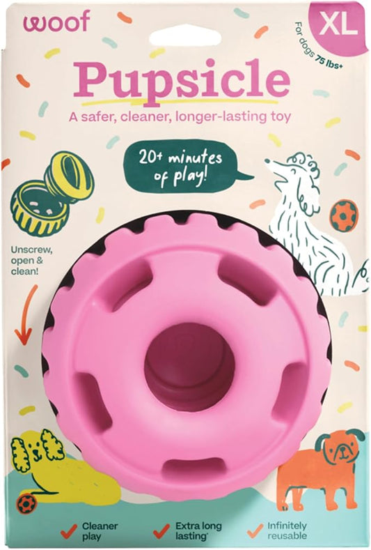 WOOF Pupsicle Interactive Dog Ball Toy for Dogs XL 75 lbs & Up - Pink | Long-lasting enrichment toy for extra-large dogs, easy-fill design, low-mess play, made of natural rubber, easy to clean