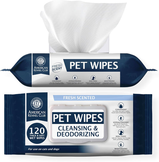 AKC Pet Wipes for Dogs & Cats – Hypoallergenic, Alcohol-Free Wipes for Paws, Face, Ears & Coat – Thick, Gentle Cleaning with Natural Aloe – Available in Lavender, Fresh & Oatmeal Scents