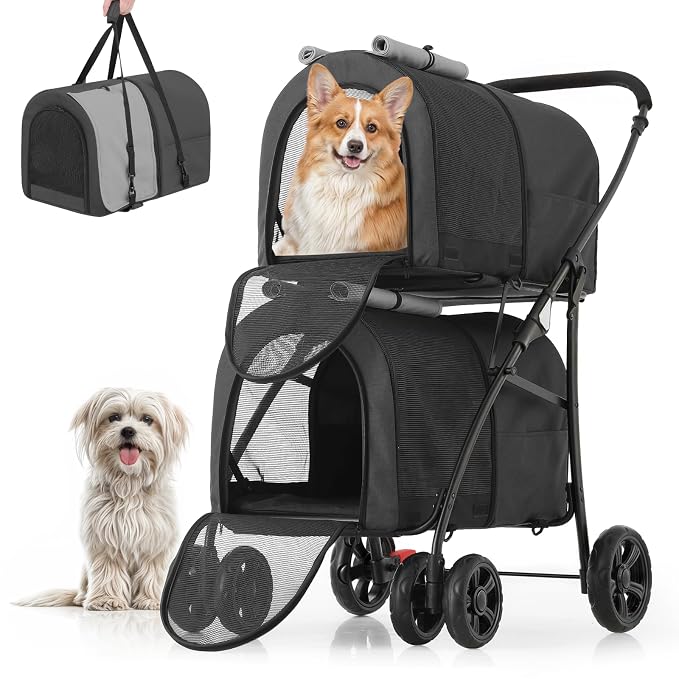 MoNiBloom Double Dog Stroller for Small and Medium Dog Cats, Black/Gray | Pet Stroller with Detachable Carrier Bags Large 4 Wheels Foldable Jogger for Small and Medium Dog Cats