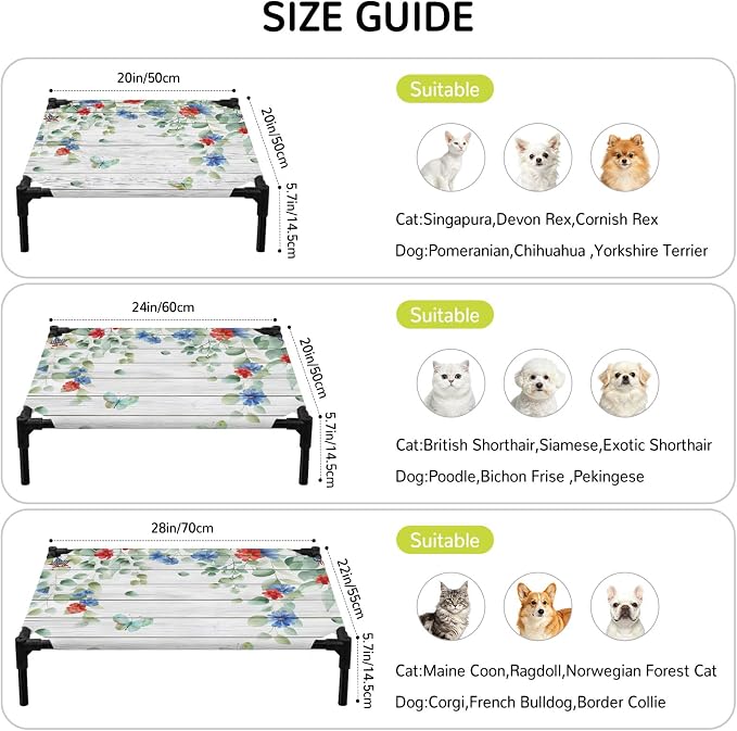Outdoor Elevated Dog Bed for Large Dogs, Independence Day Breathable Cooling Raised Dog Cot for Indoor/Outdoor, Eucalyptus Leaves Floral Wooden Plank Waterproof Elevated Pet Beds, L 28 x 22 in