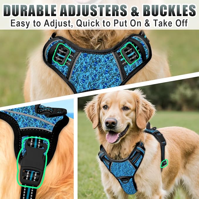 BARKBAY No Pull Dog Harness Large Reflective Dog Harness with Front Clip and Easy Control Handle for Walking Training Running with ID tag Pocket(Blue/Black,L)