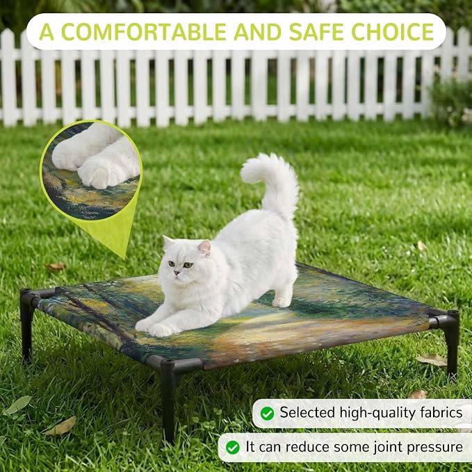 Outdoor Elevated Dog Bed for Small Dogs, Country Forest Breathable Cooling Raised Dog Cot for Indoor/Outdoor, Farmhouse Trees Plants Nature Scenery Waterproof Elevated Pet Beds, S 20 x 20 in
