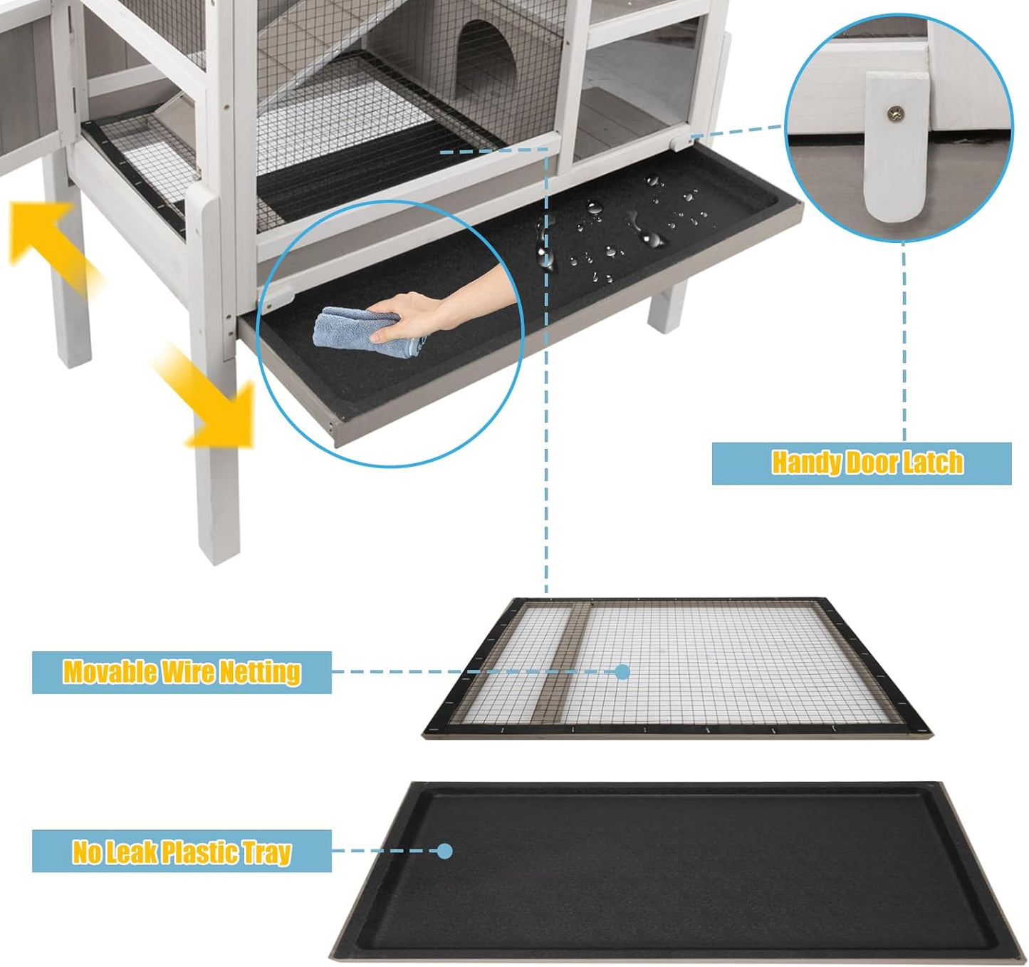 Guinea Pig Cages Indoor, Wooden Guinea Pig Cages with Stand, Rabbit Cage Hutch with Ramp and Hideout, Small Animals Cage Habitat with Not Leakage Pull Out Tray