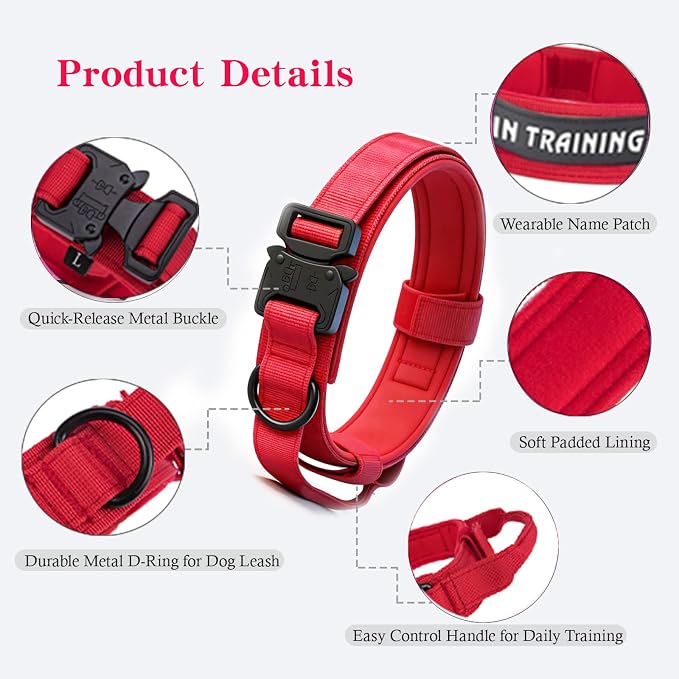 Tactical Dog Collar for Large Dogs with Control Handle,Red,L | 1000D Heavy-Duty Nylon Fabric,Quick-Release Metal Buckle,Adjustable Fit,Soft-Padded Webbing,D-Ring,for Training & Hiking