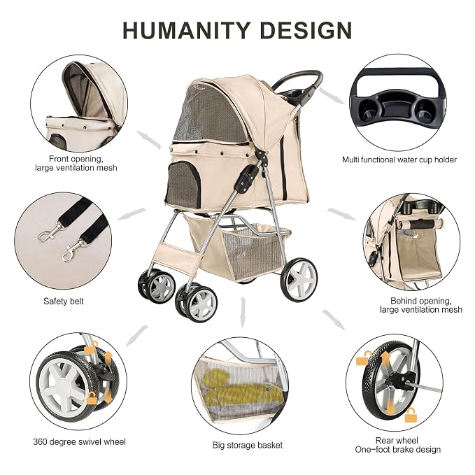 Pet Stroller for Small Dogs and CatsQuick-Folding Portable Travel Cat Dog Stroller with Storage Basket and Cup Holder, 4 Wheels, Gray