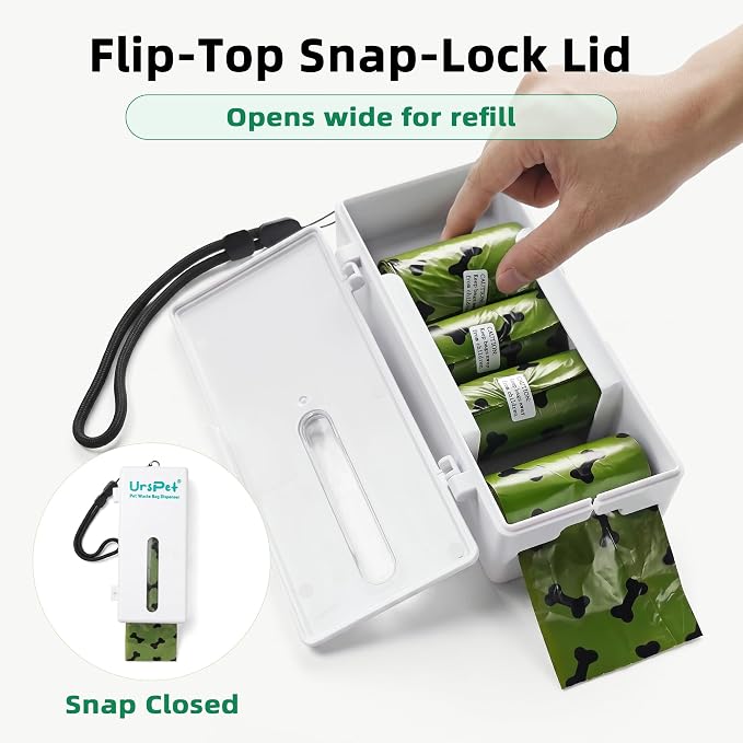 URSPET Dog Poop Bag Dispenser with 4 Rolls, Wall Mount Pet Waste Holder | Stick-On or Screw-On, Viewing Window, Easy Bag Pull, Flip-Top Refill, 60 Bags Included, Indoor and Outdoor Use