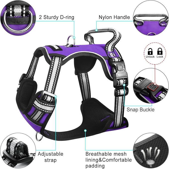 Dog Harness No Pull, Pet Harnesses with Dog Collar, Adjustable Reflective Oxford Outdoor Vest, Front/Back Leash Clips for Small, Medium, Large, Extra Large Dogs, Easy Control Handle for Walking