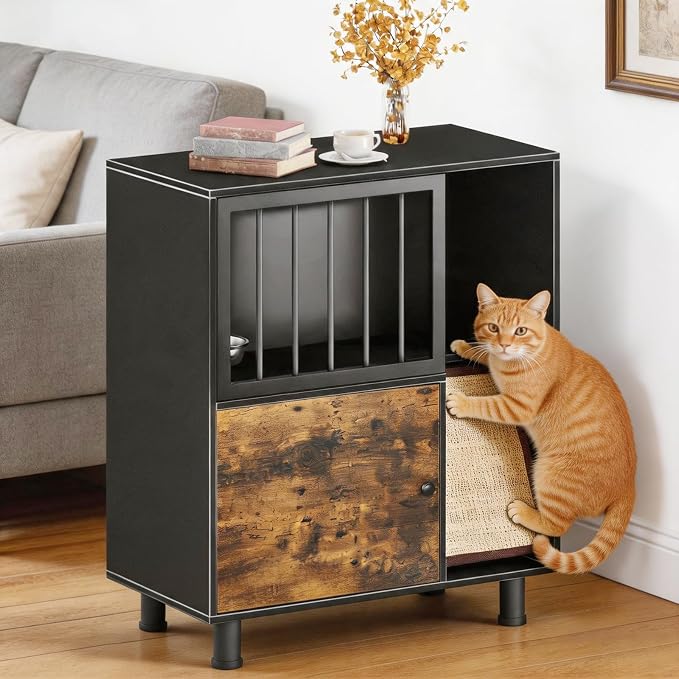 Dog Proof Cat Feeder Station – Elevated Feeding Table with Stainless Steel Bowls, Scratching Board & Storage Locker, Anti-Dog, Sturdy, Easy Assembly, Outdoor Wood Furniture