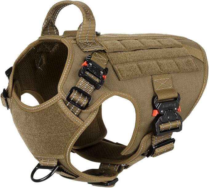 ICEFANG Tactical Dog Harness for Medium Dogs,Full Metal Buckles Dog Vest | with MOLLE, Reflective,Adjustable,2 Leash Clips,Control Handle,No Pull,Soft Padded,Brown,Medium