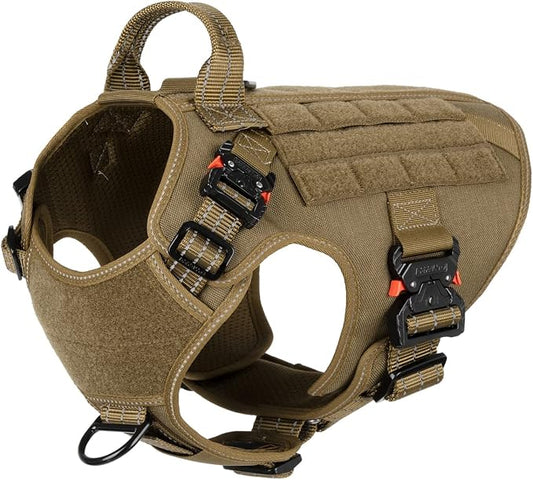 ICEFANG Tactical Dog Harness for Medium Dogs,Full Metal Buckles Dog Vest | with MOLLE, Reflective,Adjustable,2 Leash Clips,Control Handle,No Pull,Soft Padded,Brown,Medium