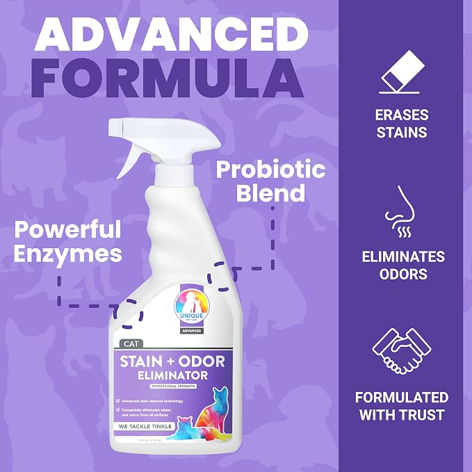 Unique Advanced Cat Odor & Stain Remover, Enzyme Cleaner Spray for Urine & Pet Accidents, Eliminates Odors at the Source, Carpet & Fabric Safe, 24 oz