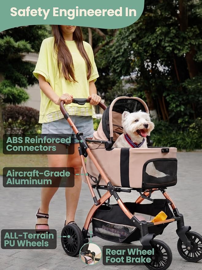 Small Dog Stroller, 5-in-1 Foldable Pet Stroller for Small Dogs Cats 10-20 lbs - 1-Click Fold Without Detaching Carrier, Removable Waterproof Carrier, All Terrain 4 Wheels for Outdoor Travel, Khaki