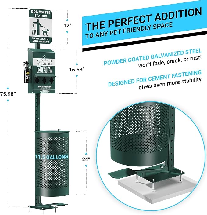 Flash Furniture Pet Waste Station with Pedal Trash Can, Green | Roll Bag Dispenser, Hand Sanitizer Bottle, 600 Waste Bags, 50 Can Liners, Durable Construction, Commercial Use