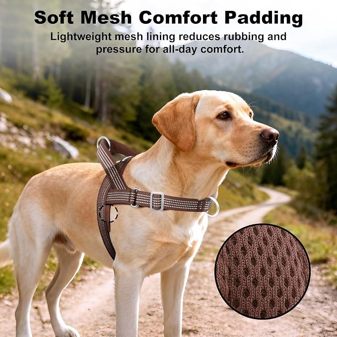 No Pull Dog Harness with Handle, Adjustable Soft Mesh Padded Vest | Reflective Walking Harness with Front Clip for Small Medium Large Dogs, Quick Fit No Escape for Training, Chocolate, M