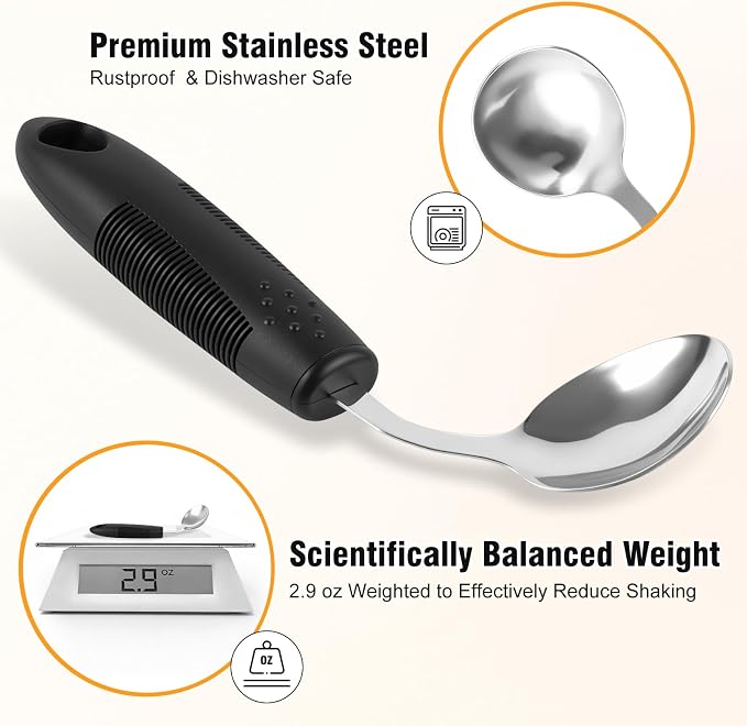 2.9oz Weighted Silverware for Hand Tremors, 45°Angled Adaptive Utensils for Elderly，4 Pack Parkinsons Utensils Aids for Weak Hand Grip, Arthritis (Right-Handed)