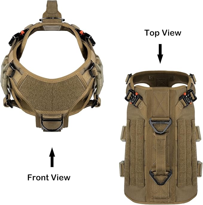 ICEFANG No Pull Tactical Dog Harness for Medium Dogs,Adjustable Dog Vest | Control Handle,MOLLE Panel,Front Hook,3 Leash Clips,Soft Padded,for walking training,Brown,Medium