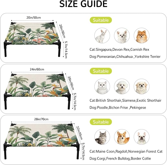 Outdoor Elevated Dog Bed for Medium Dogs, Summer Palm Tree Breathable Cooling Raised Dog Cot for Indoor/Outdoor, Tropical Botanical Floral Coastal Rustic Waterproof Elevated Pet Beds, M 24 x 20 in