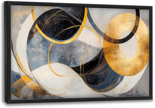 Large Abstract Wall Art for Living Room, Oversized Abstract Circle Wall Decor, Black and Golden Abstract Canvas Painting Modern Artwork Home Decoration for Living Room Bedroom Office Framed 36"x24"