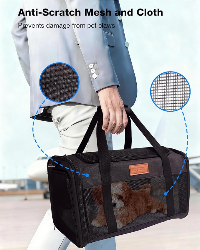 Pet Carrier Airline Approved for Pets Up to 10 Lb, 17x11x9.5 in | Underseat, Top & Side Entry Soft Dog Cat Travel Carrier with Safety Zippers & Anti-Scratch Mesh for Small Cat and Dog, Black