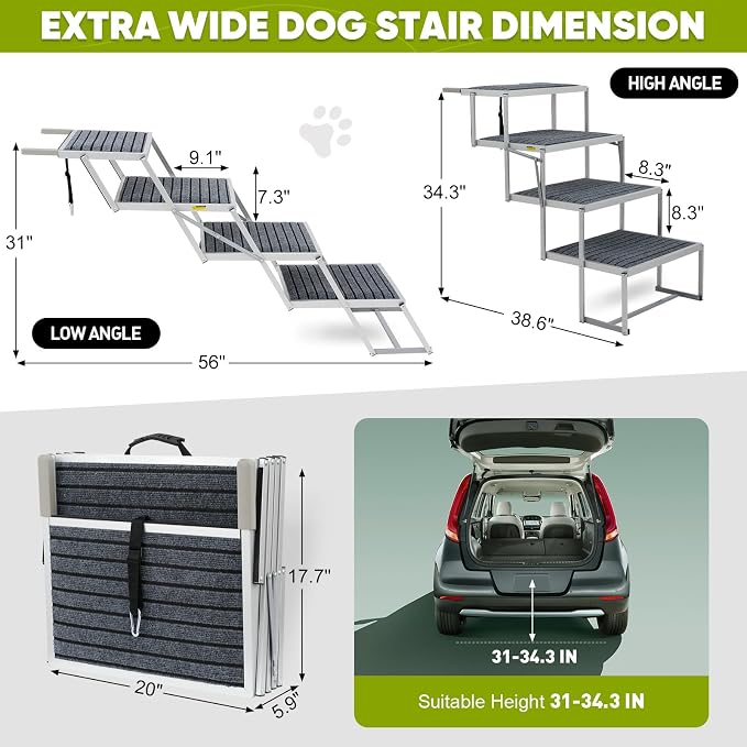 Joyrally 4-Step Dog Stairs for Car, Large Dogs, Rug with Iron Bars | 20 in extra-wide aluminum frame, rug surface and support bars for SUV and truck trunks, for senior and injured dogs