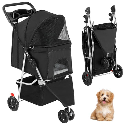 3 Wheel Pet Stroller for Dogs, Cats Stroller with Storage Basket and Cup Holders, Foldable, Lightweight and Durable, Ideal for Small to Medium Pets, Home Cleaning, Black