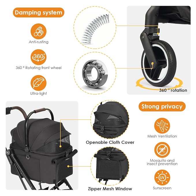X2 Pet Stroller, Dog Cat Stroller for Small Pets with Detachable Carrier, Lightweight Foldable Cat Carrier Dog Car Seat for Puppy Doggy up to 44lbs, Canopy and Waterproof Pad, Black