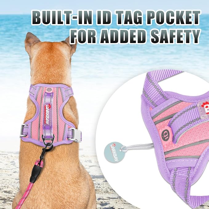 BARKBAY No Pull Dog Harness Large Reflective Dog Harness with Front Clip and Easy Control Handle for Walking Training Running with ID tag Pocket(Baby Pink & Violet Purple,L)