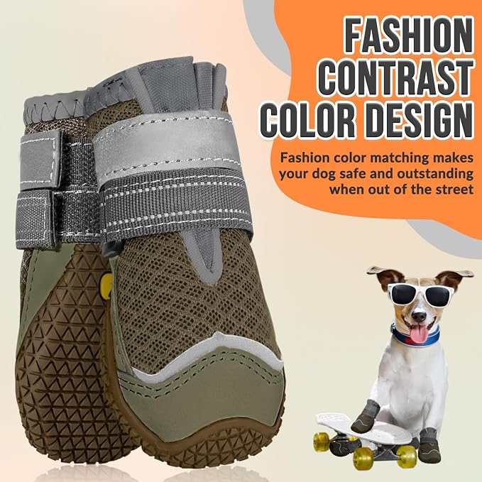 SlowTon Dog Shoes for Large Small Medium Dogs - Breathable Dog Boots for Summer Hot Pavement, Paw Protector for Outdoor Walking Winter Snow, Anti-Slip Rubber Dog Booties for Hardwood Floor (Brown, 6)