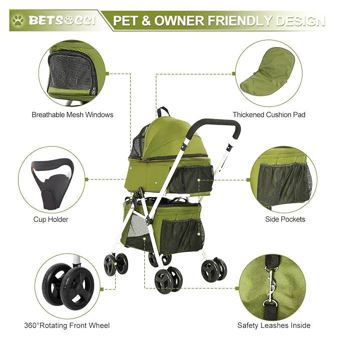 Double Dog Stroller with 2 Detachable Carrier, Portable Pet Stroller for Small Dogs & Cats Folding Lightweight Puppy Travel Carriage, 4 Wheels, Olive Green