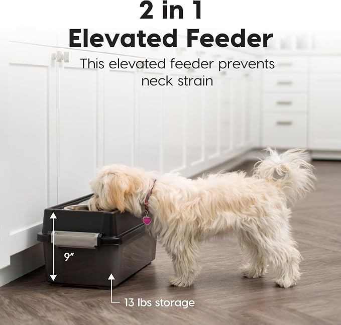 IRIS USA Elevated Dog Bowls 9" H, up to 13 lb Storage, Black, Made in USA | Comes with 2 Stainless Steel Bowls (32 oz), Elevated Feeder, Reduce Strain, Perfect for Camping & Outdoors