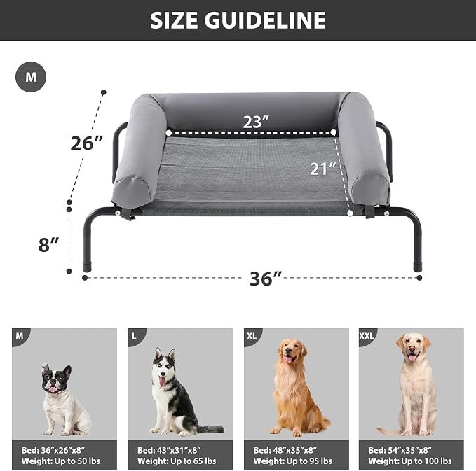 RRPETHOME Elevated Cooling Dog Cot Bed, Large Raised Outdoor Dog Bed | Elevated cooling cot with U-shaped bolster for spine,breathable mesh,portable outdoor bed for large dogs,skid-resistant feet.