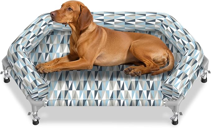 Elevated Dog Bed with Bolster, Raised Cooling Orthopedic Dogs Cot Medium | Hexagon Outdoor Dog Bed with Metal Frame for Up to 80 lbs, Portable Dog Hammock for Patio Camping, Breathable, Off the Ground
