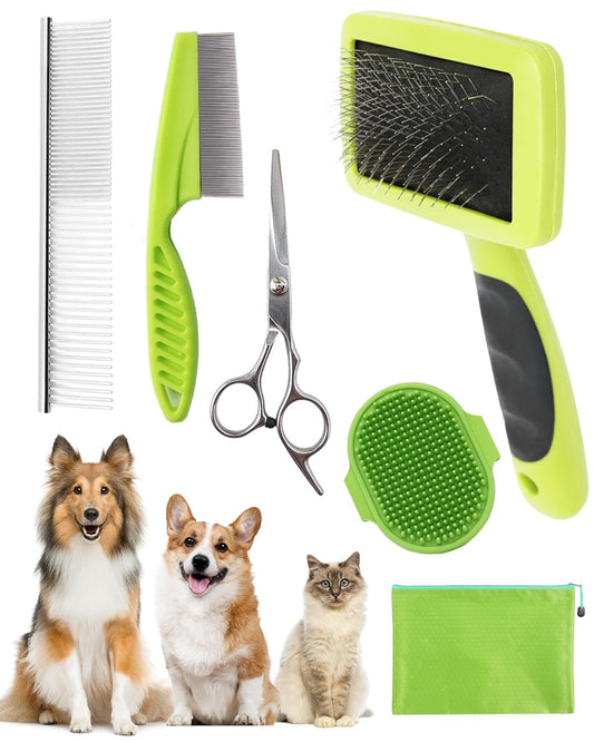 Dog Brush for Shedding Grooming,6 Pack Long-Pin Brush Set for Long Haired Dog Cat Goldendoodles Poodles Doodles Green
